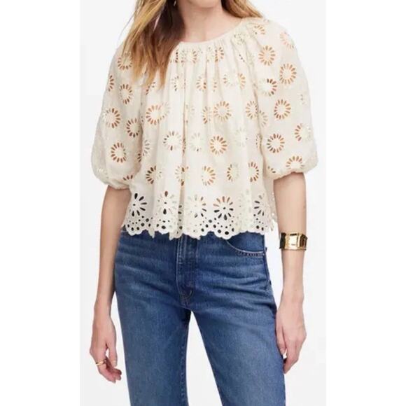 MADEWELL Embroidered Shirred Puff-Sleeve Top M Floral Eyelet Ivory Boho Peasant - Picture 3 of 12